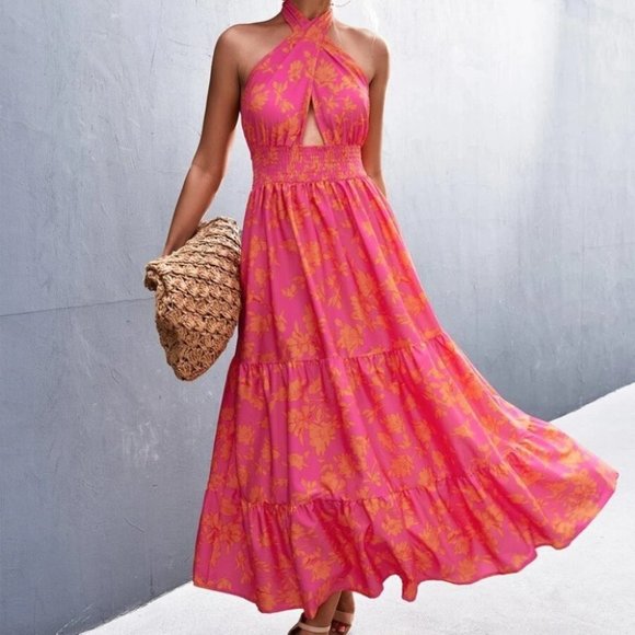. Dresses & Skirts - Boho Floral Shirred Waist Ruffle Hem Maxi Dress